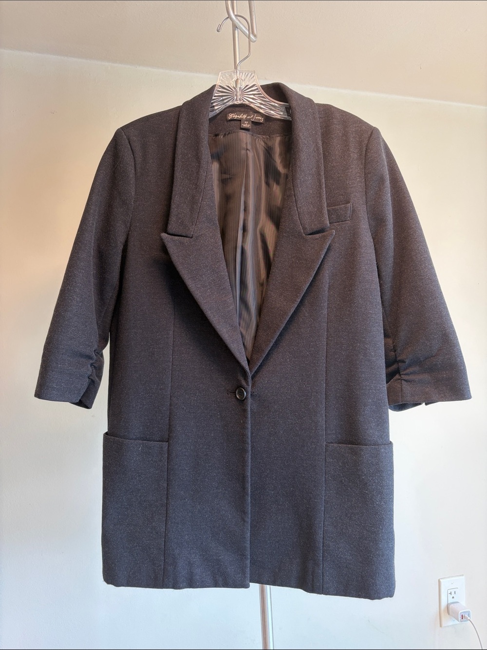 Elizabeth and James Ruched 3/4 Sleeve Single Button Blazer / Dark Grey /10